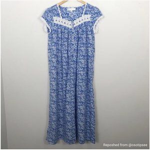 EILEEN WEST Floral 100% Cotton Nightgown Blue
